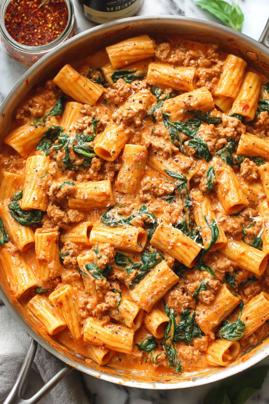 A pan of rigatoni with sausage and spinach.
