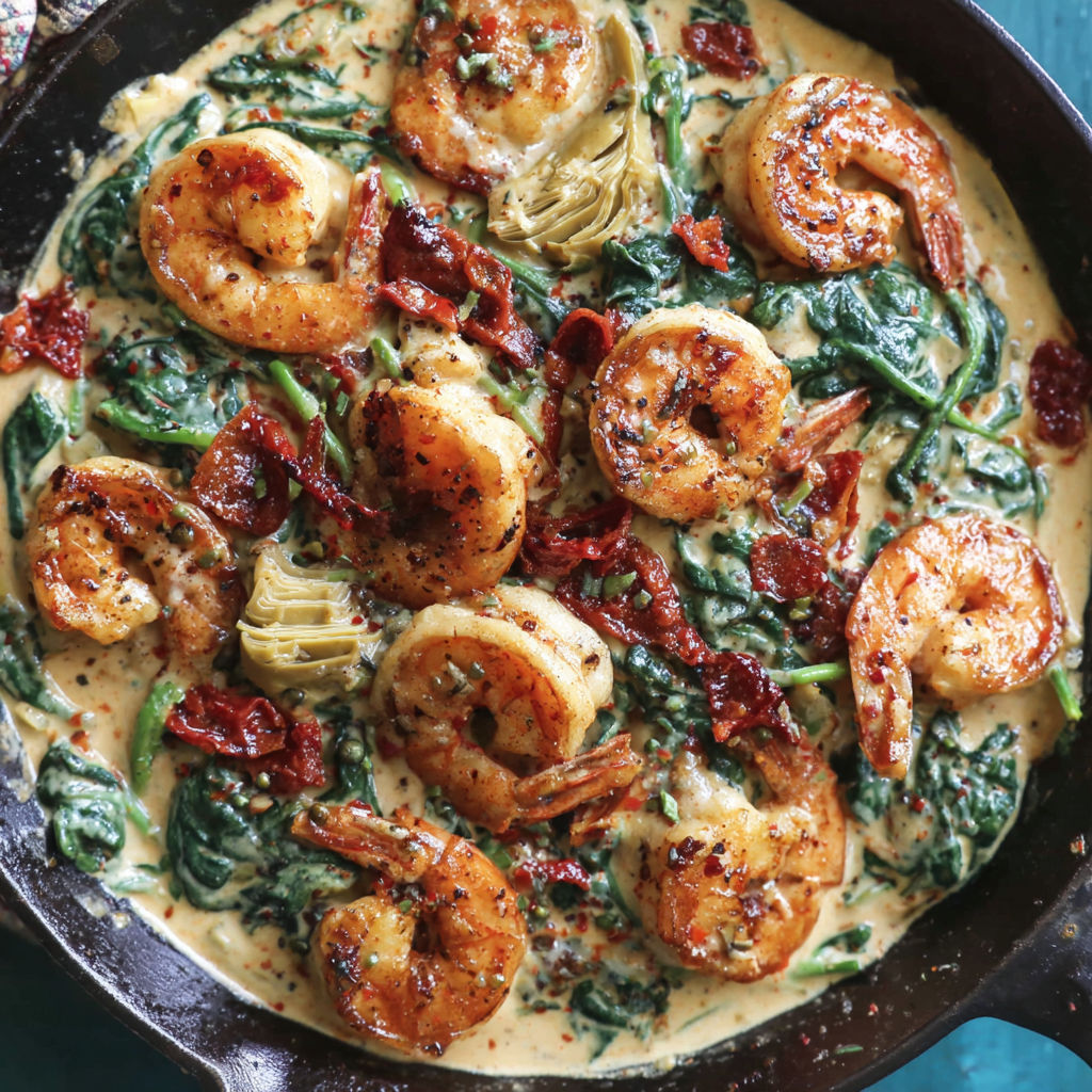 A pan of Tuscan Shrimp with a variety of vegetables.