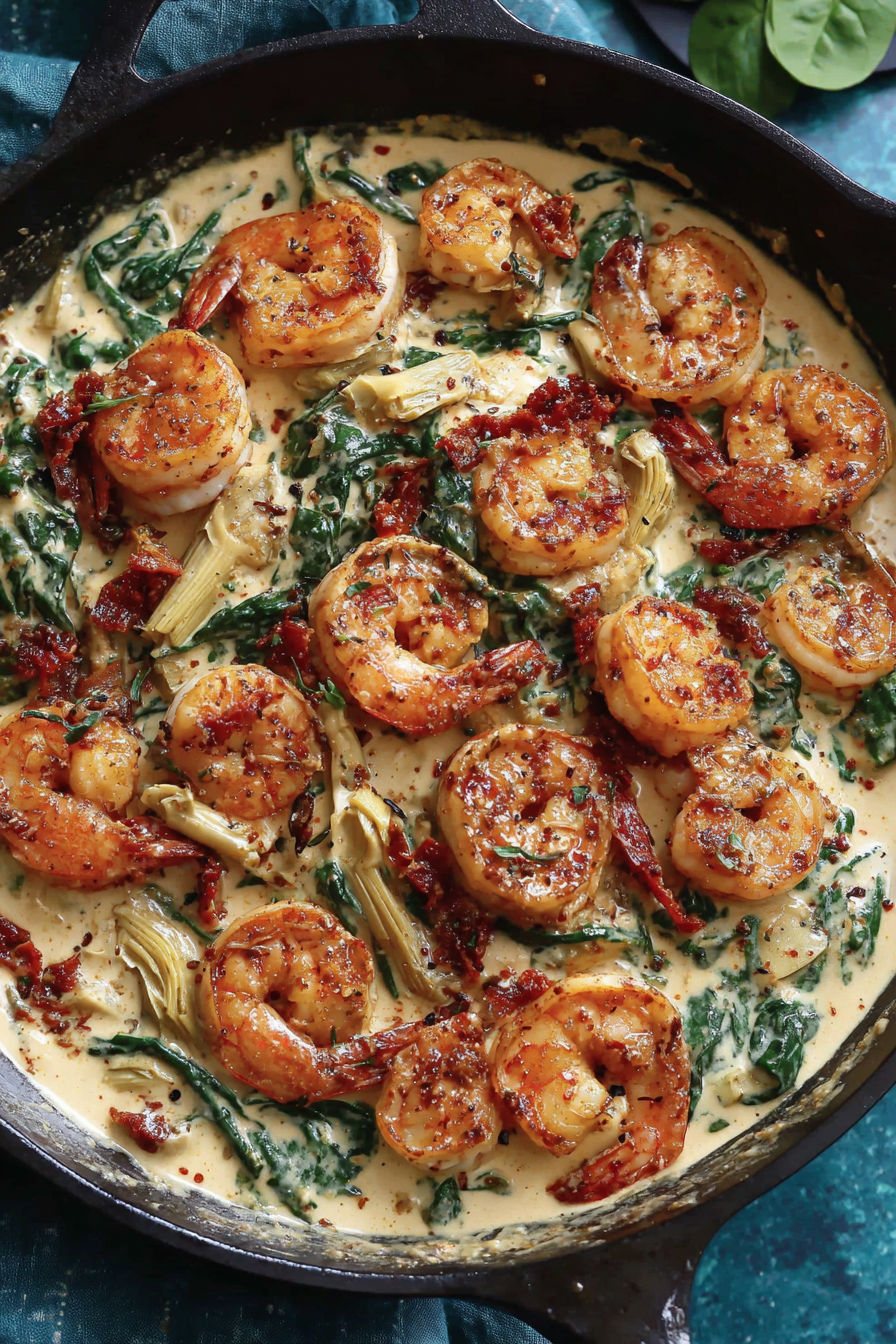 A dish of Tuscan Shrimp with greens.