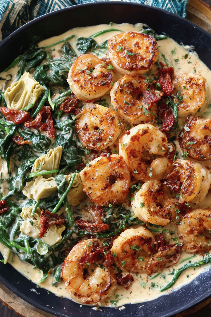 A plate of Tuscan Shrimp with greens and tomatoes.