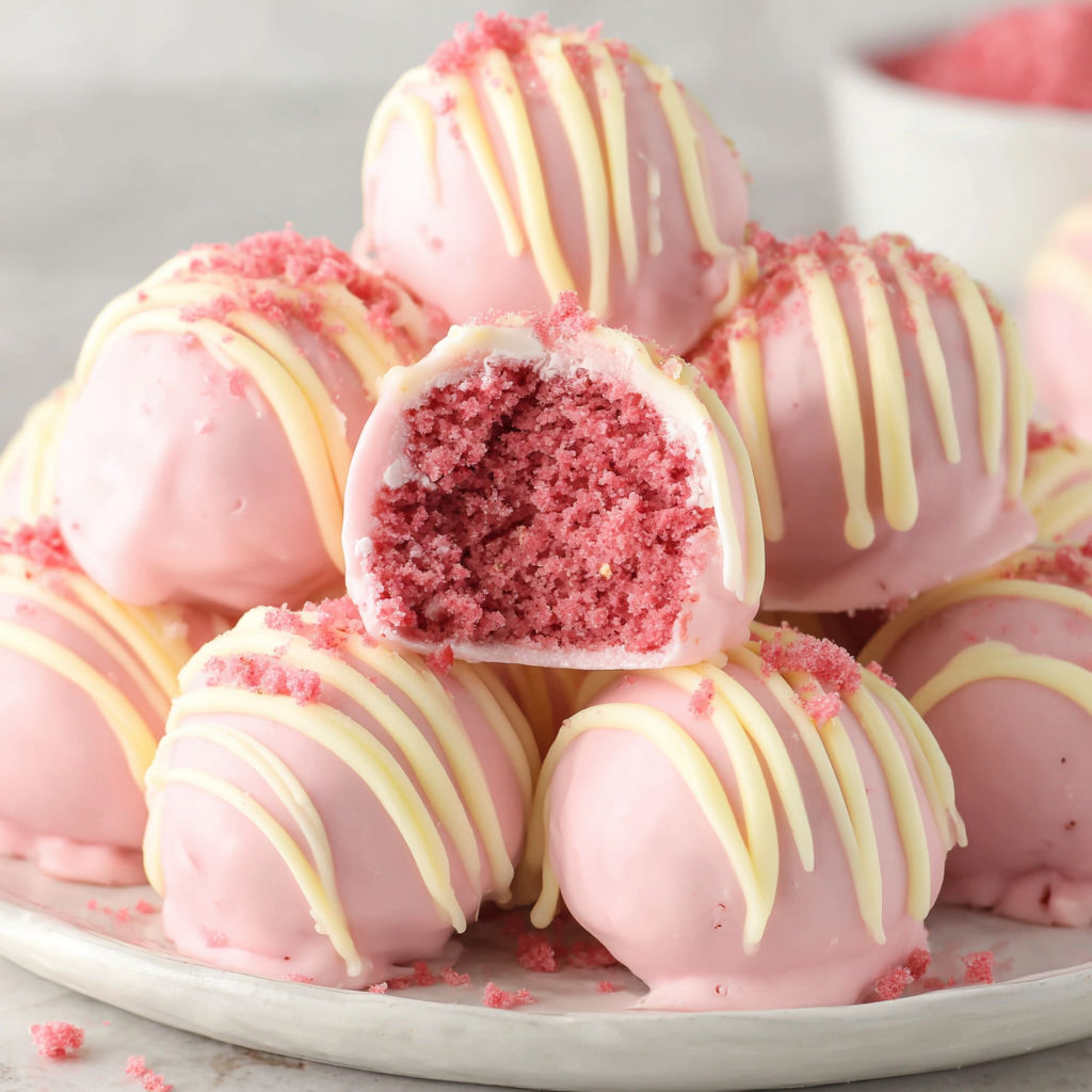 Pink and white cake balls with pink frosting and white frosting.