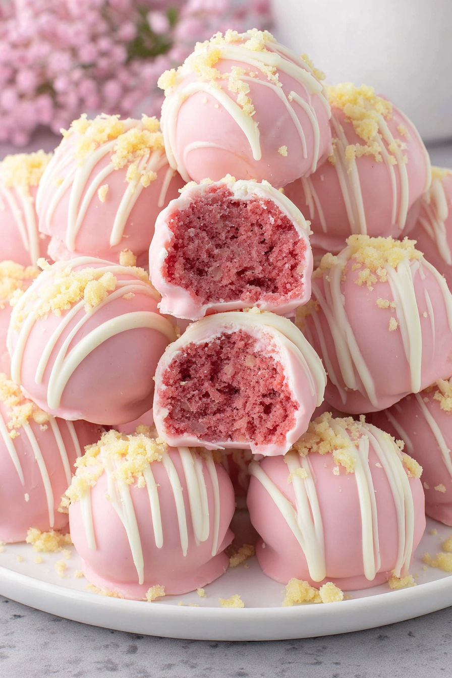 Pink cake balls with red filling.