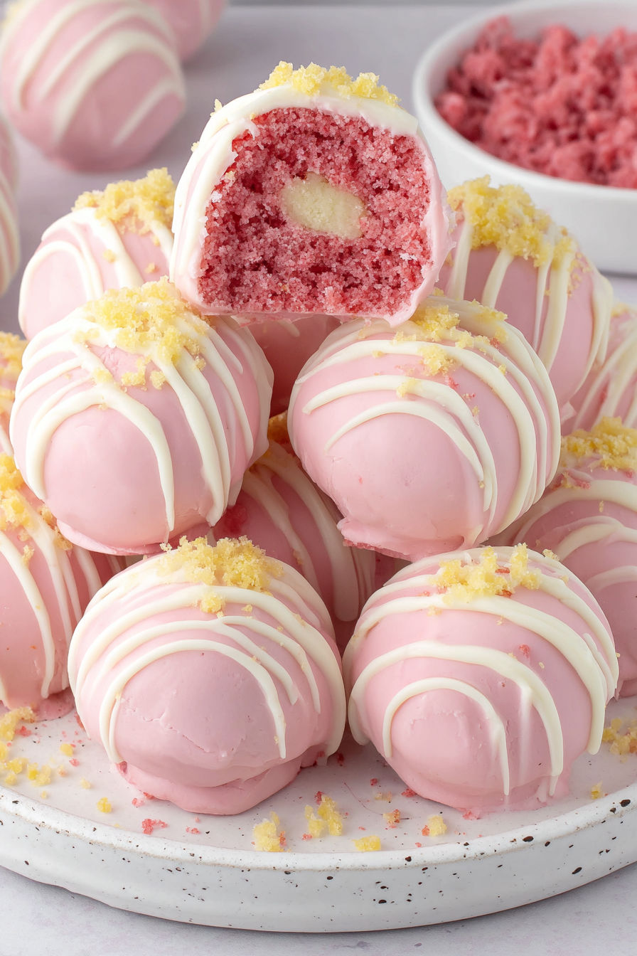 Pink and yellow treats with a hole in the center.