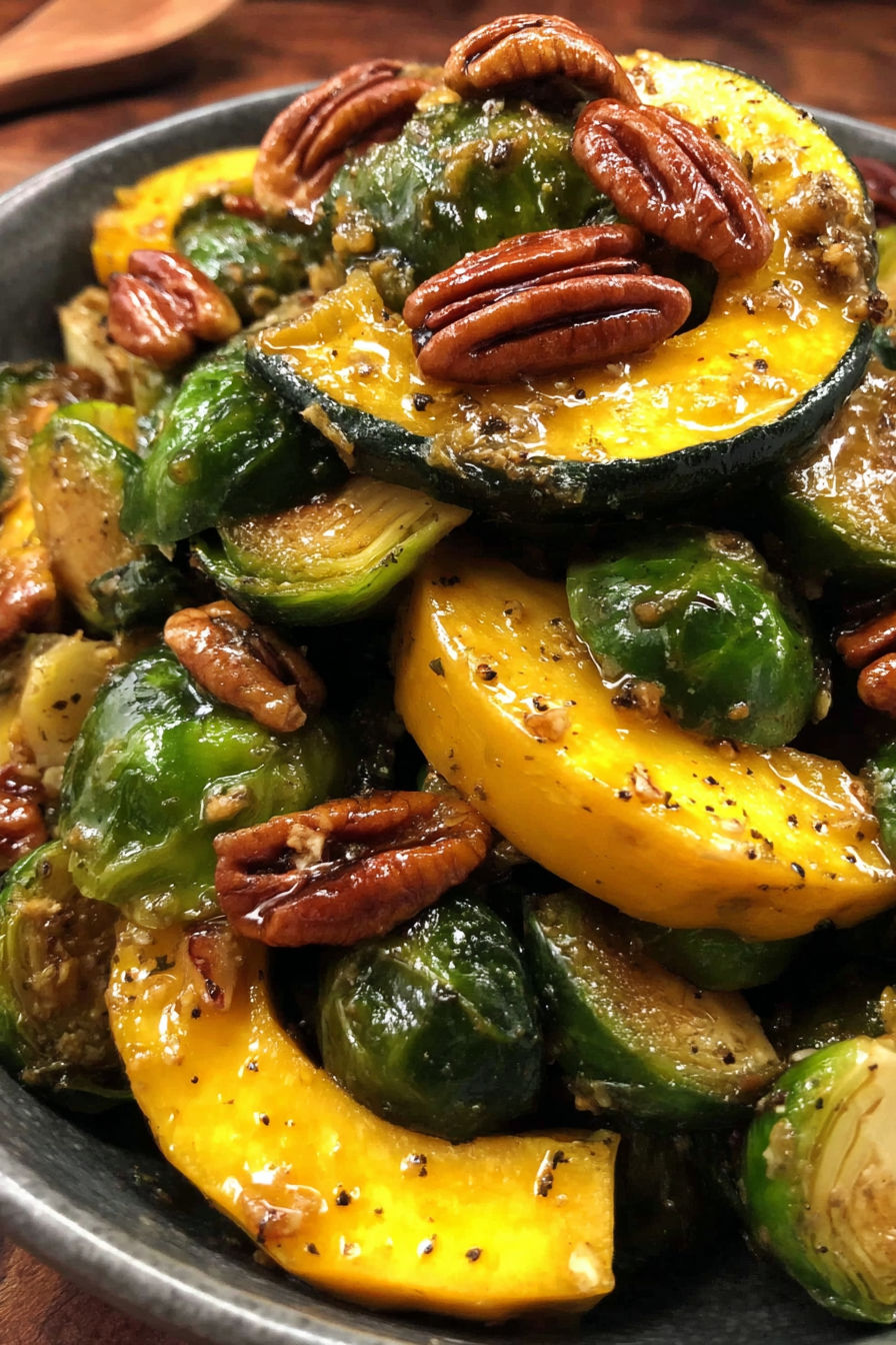 Roasted acorn squash with brussels sprouts.