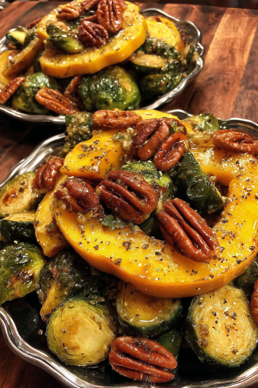 A plate of roasted acorn squash and brussels sprouts.