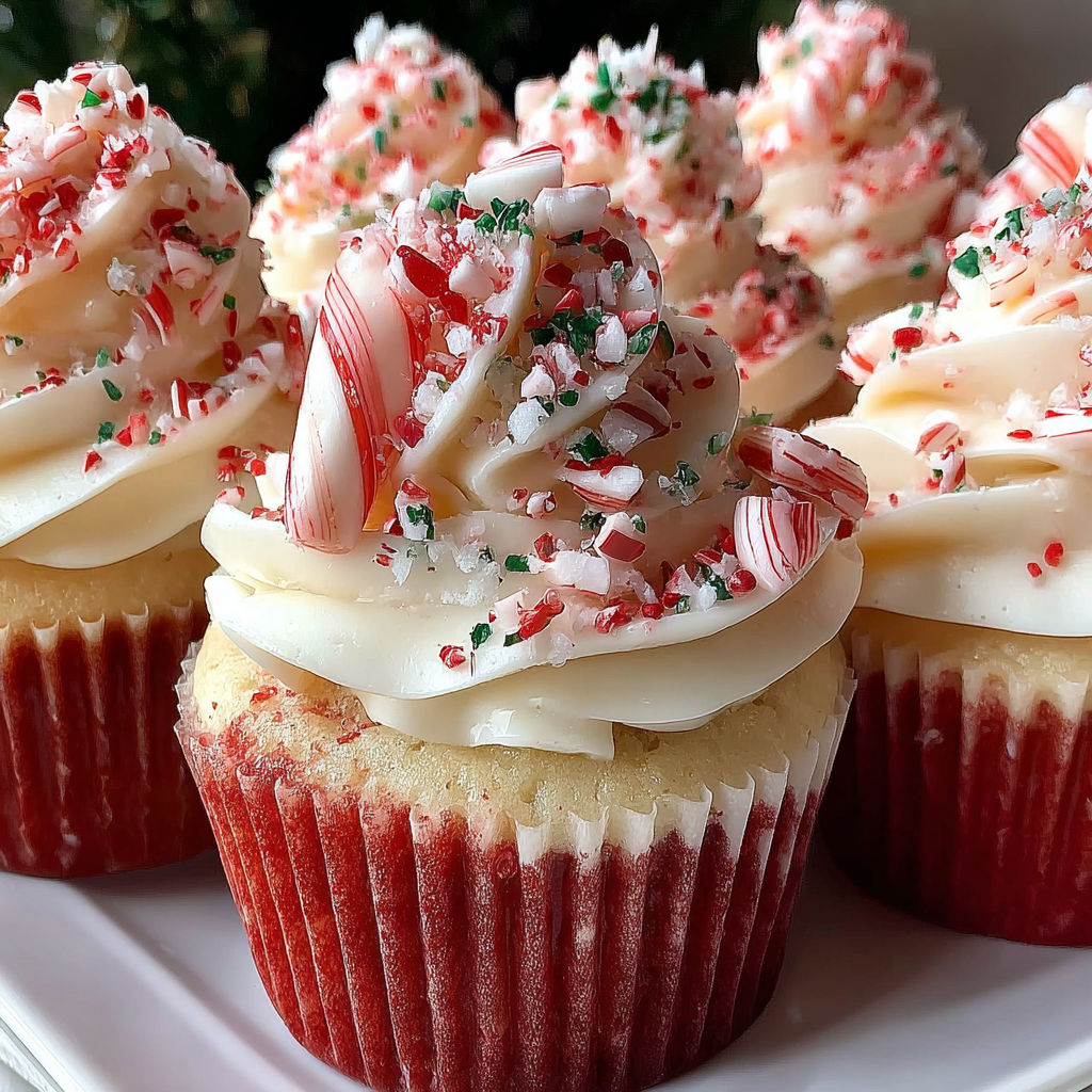 A plate of candy cane peppermint cupcakes.