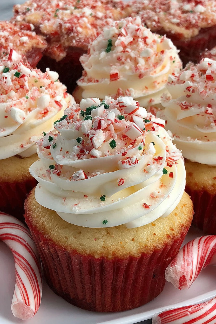 A cupcake with white frosting and red and green sprinkles.
