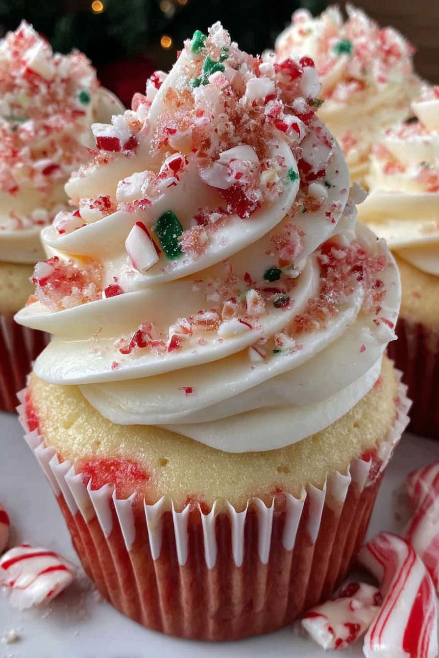 A cupcake with white frosting and red sprinkles.