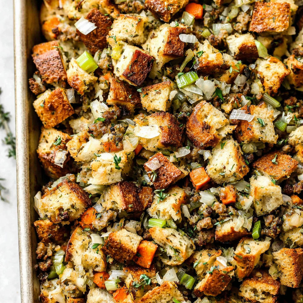 A pan of stuffing with carrots and onions.