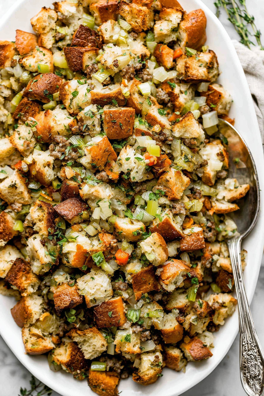 A close up of a Thanksgiving stuffing dish.