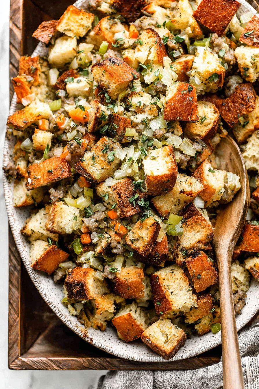 A close up of a dish filled with bread and vegetables.