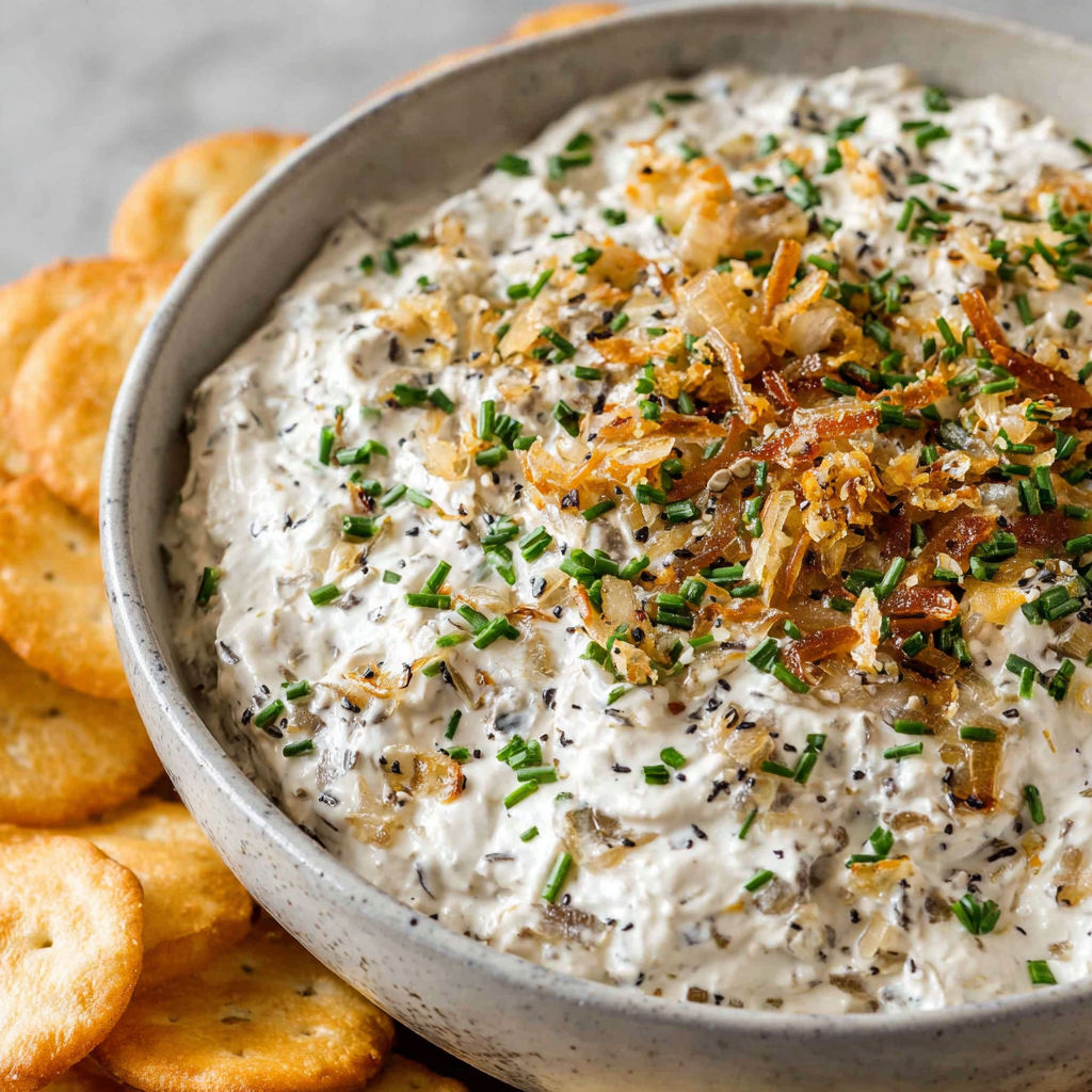 A bowl of French onion dip with a spoon in it.