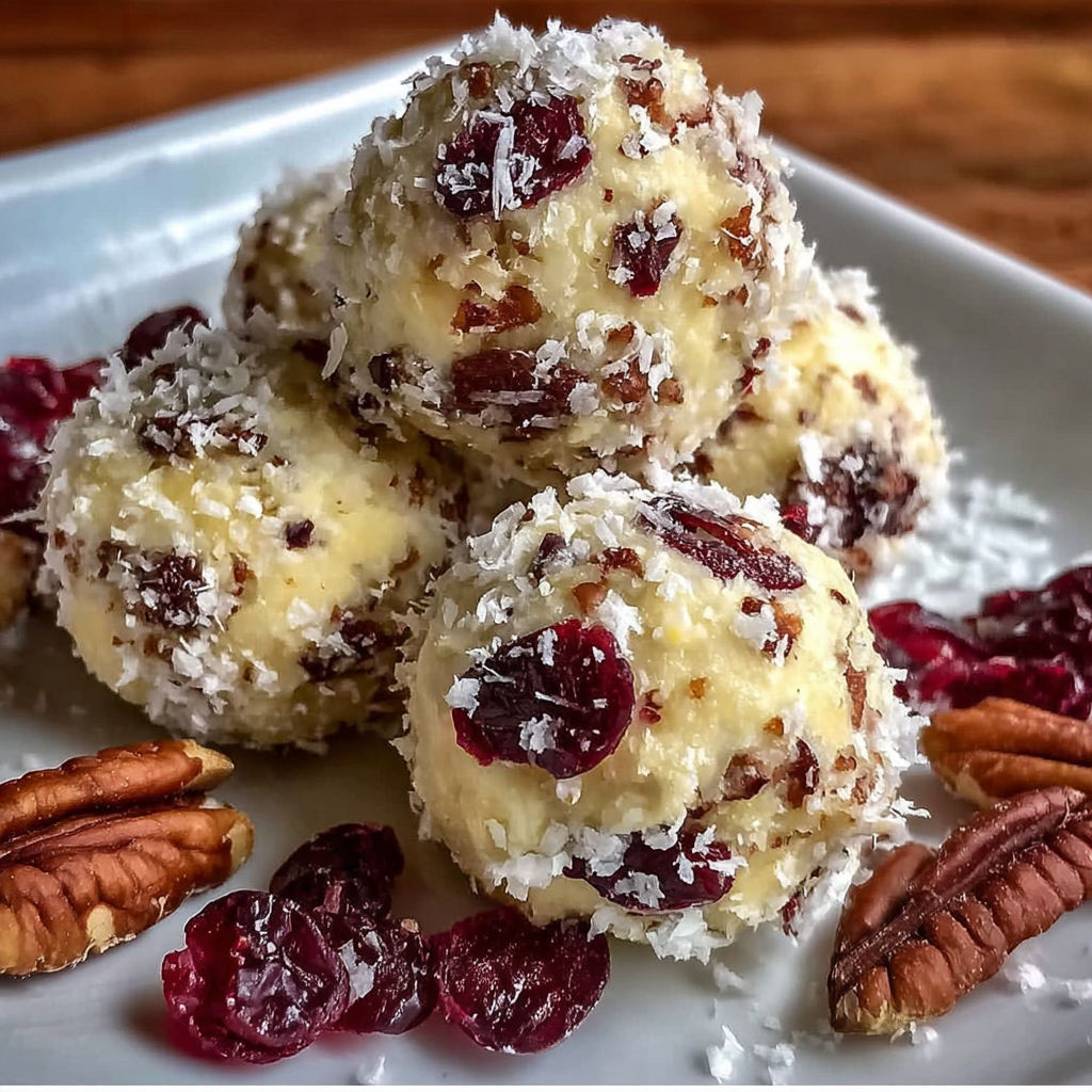 A plate of mini pineapple cranberry cheese balls with pecans.