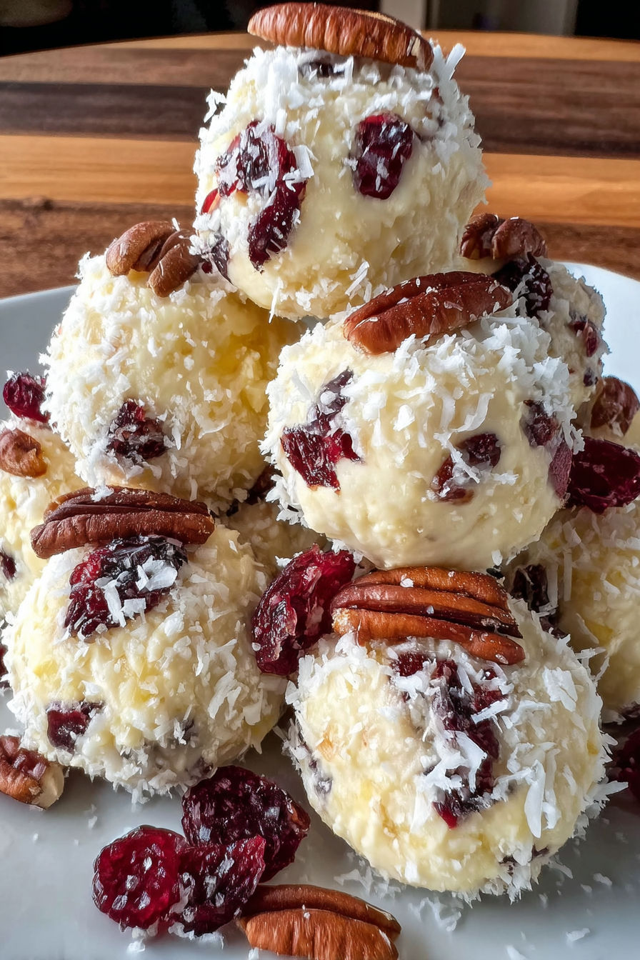 A plate of mini pineapple cranberry cheese balls with pecans.