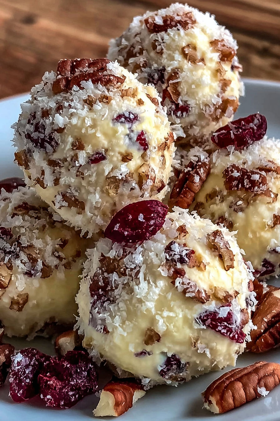 A plate of mini pineapple cranberry cheese balls with pecans.
