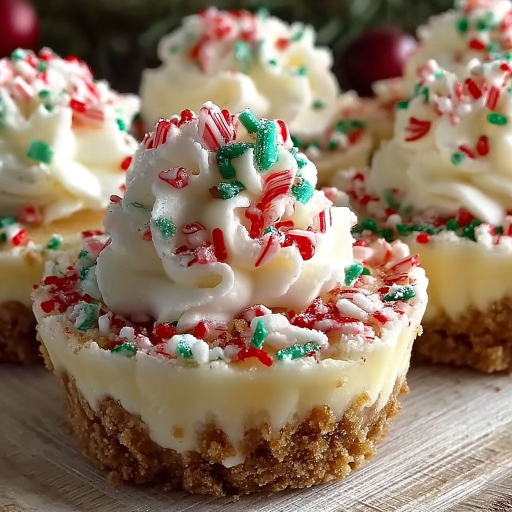 A close up of a no-bake Christmas mini cheesecake.