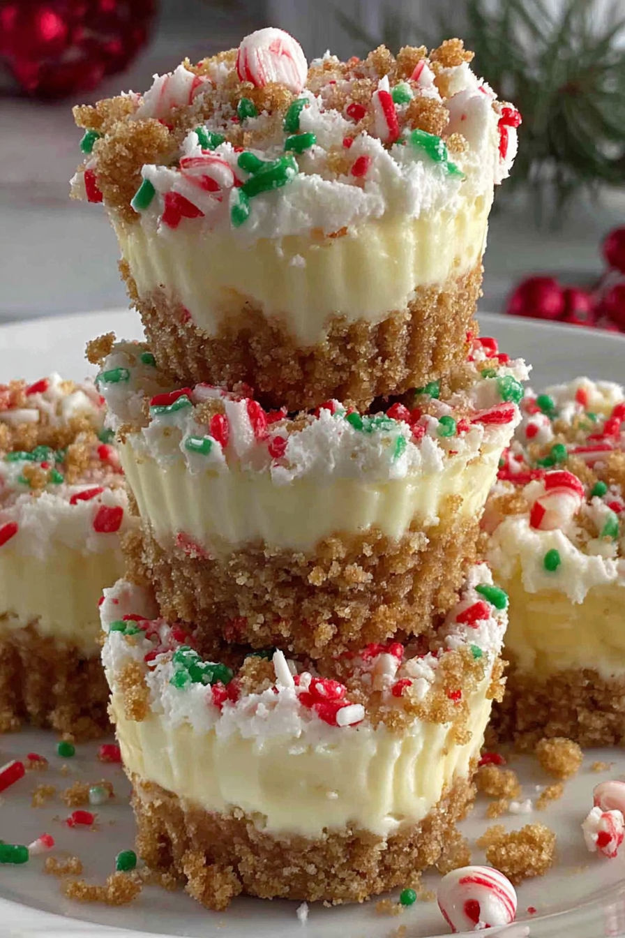 A stack of cake with white frosting and red and green sprinkles.