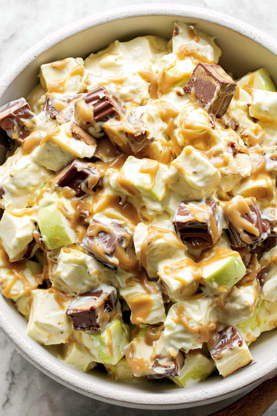 A bowl of Snickers salad.