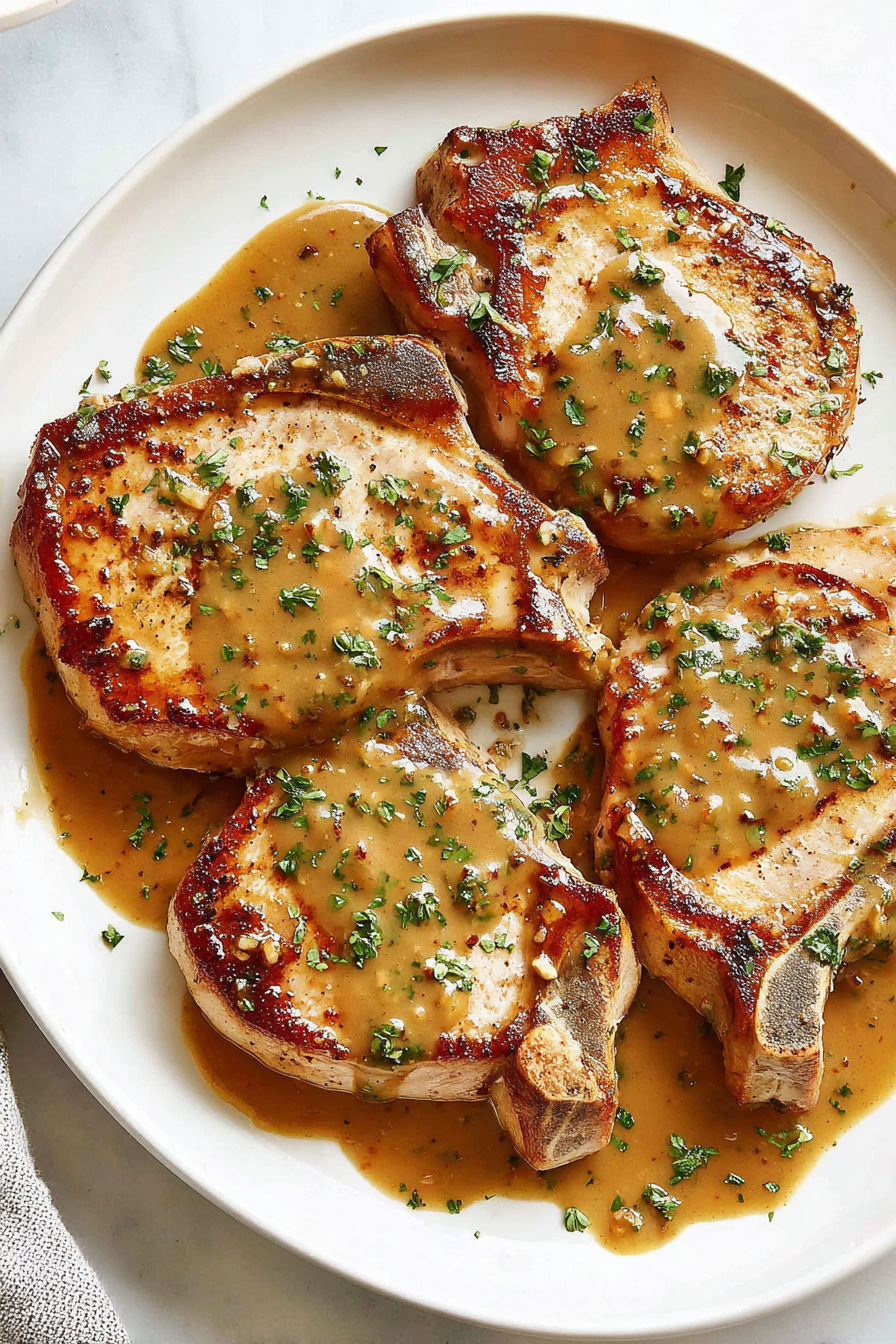 A plate of pork chops with honey mustard sauce.