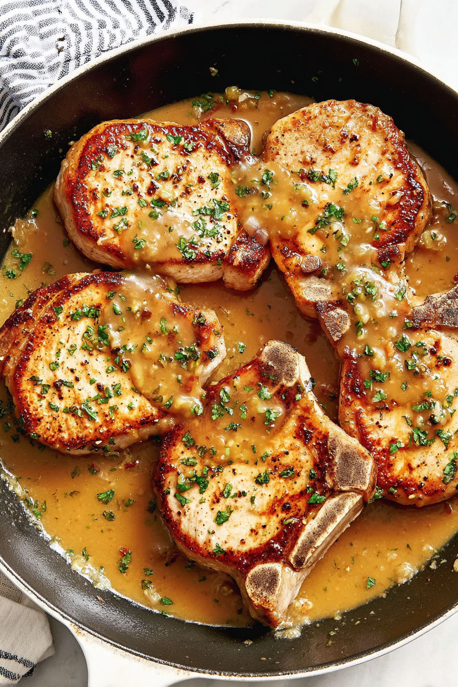 Honey mustard pork chops in a pan.