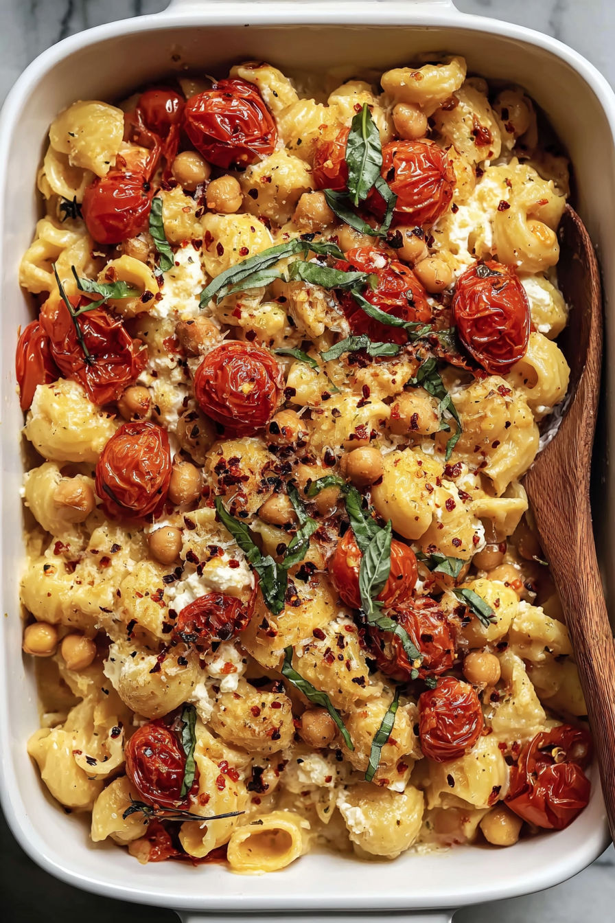 A dish of pasta with tomatoes and chickpeas.