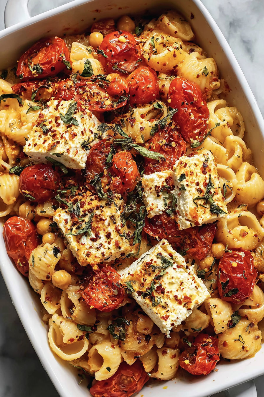A bowl of pasta with tomatoes and feta cheese.