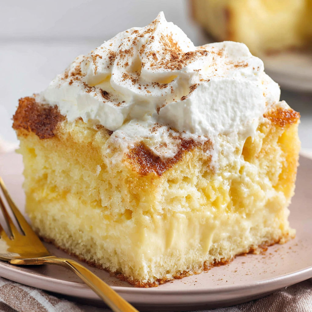 A slice of eggnog poke cake with whipped cream on top.