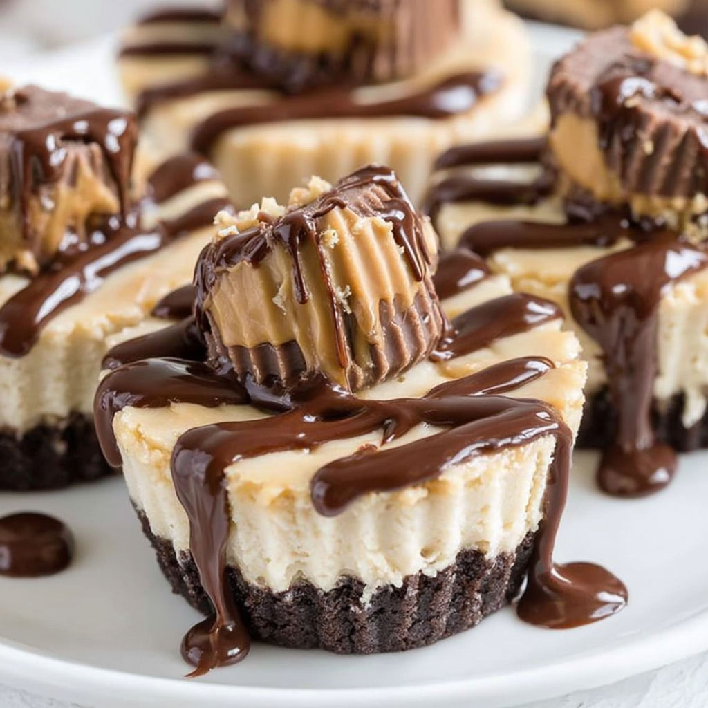Mini peanut butter cheesecakes with chocolate drizzle.