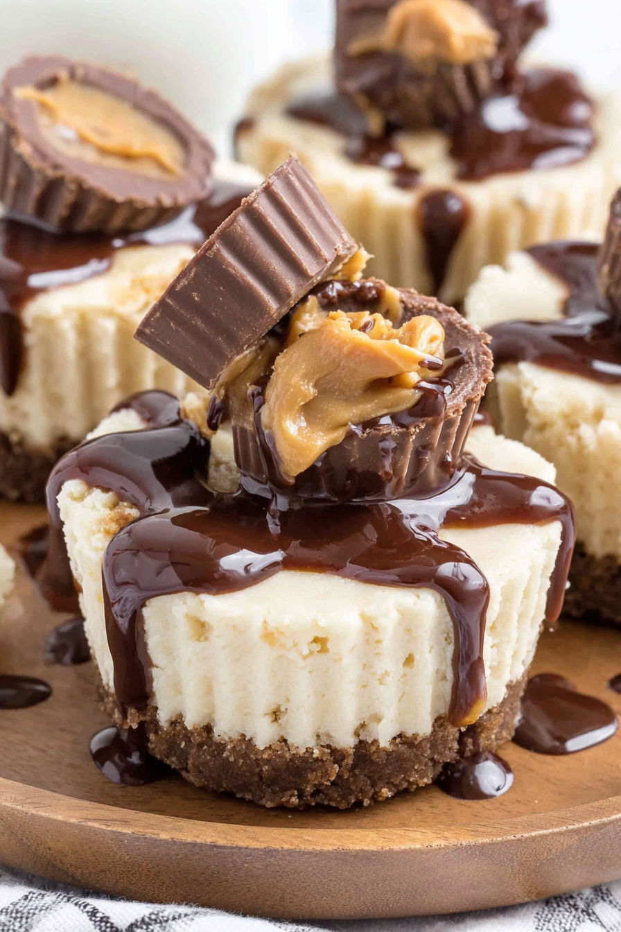 A chocolate drizzled dessert with a peanut butter filling.