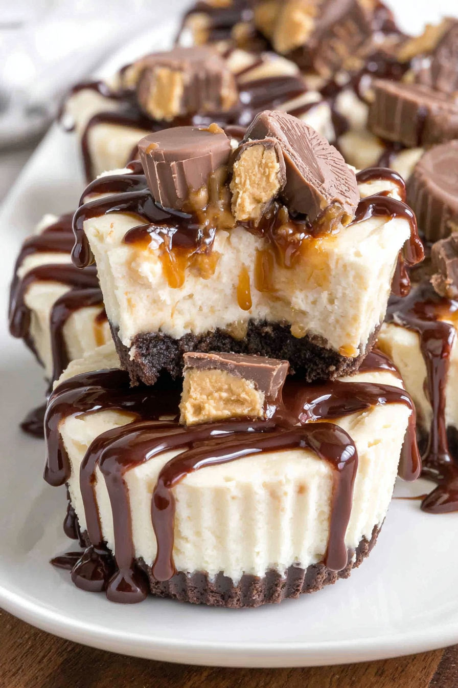 Mini peanut butter cheesecakes with chocolate drizzle.