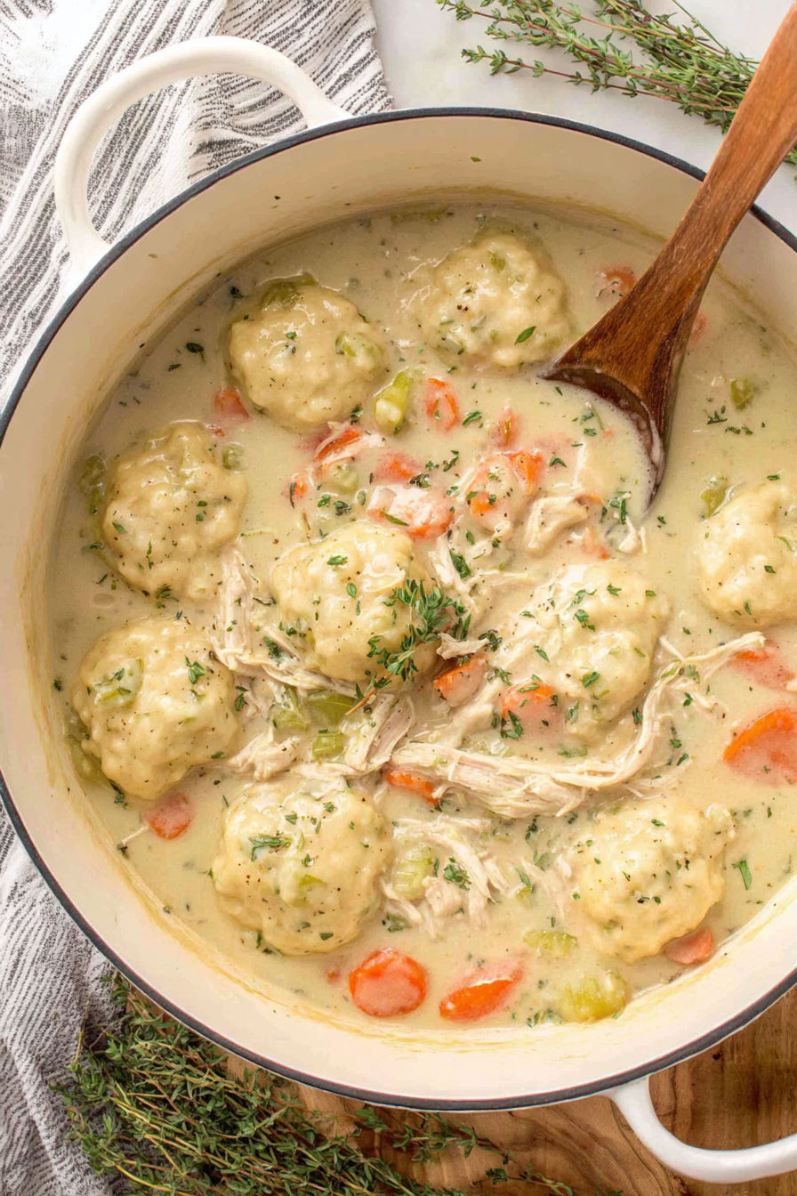 A bowl of chicken and dumplings.