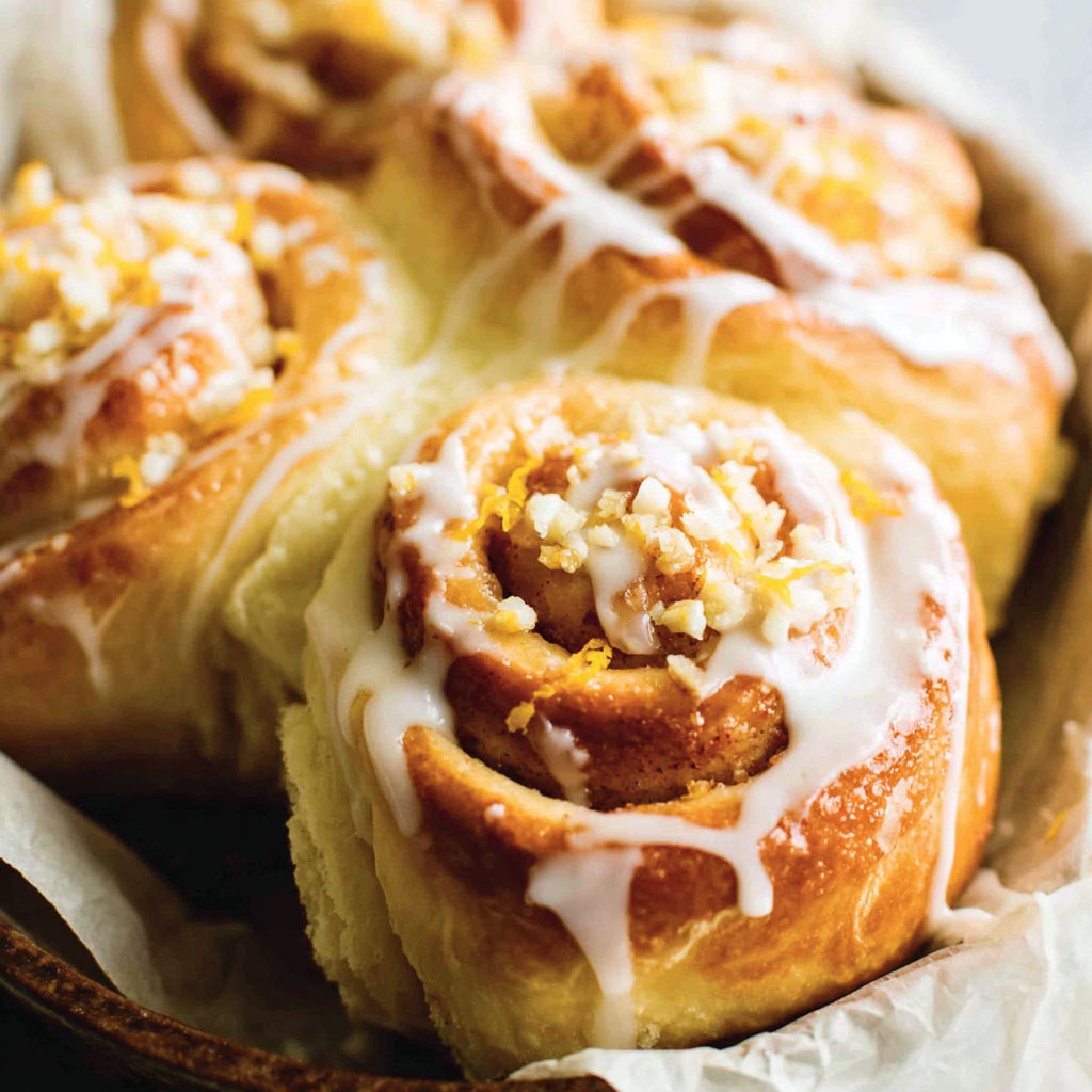 A plate of orange rolls with white icing.