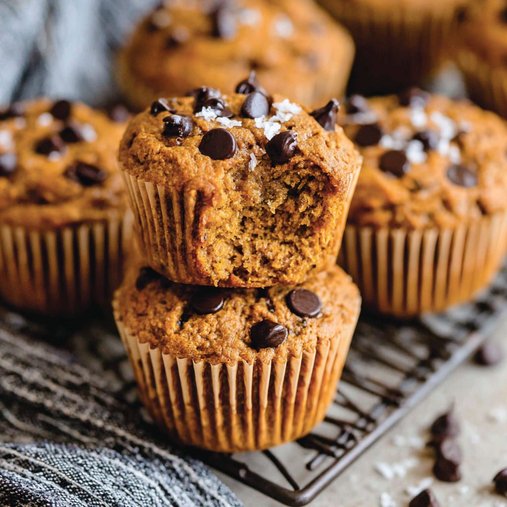 A stack of pumpkin muffins with chocolate chips.