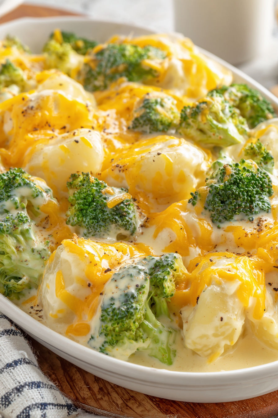 A potato and broccoli casserole with cheese on top.