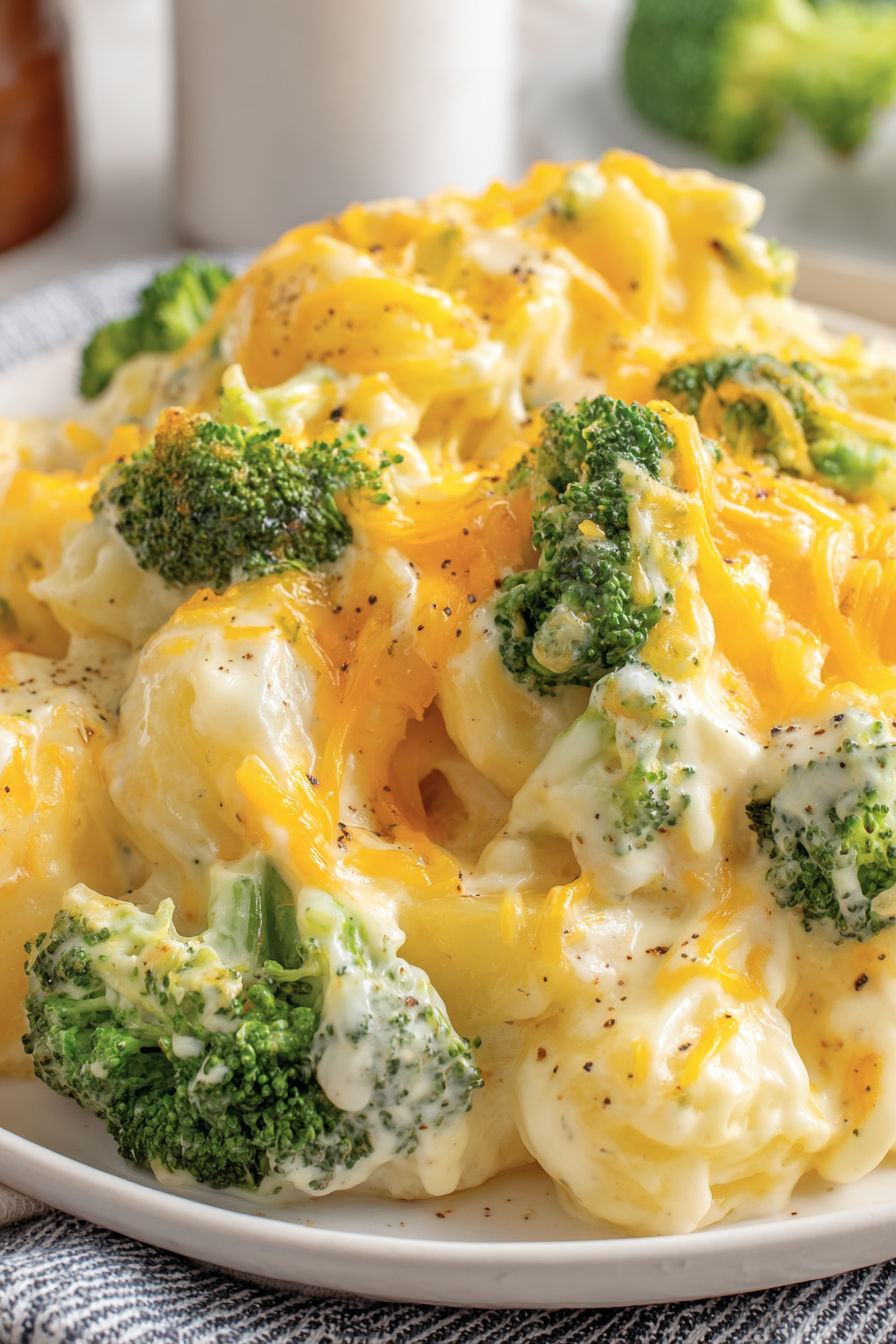 A close up of a potato broccoli casserole.