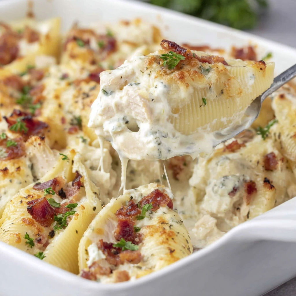 A fork is in a bowl of chicken Alfredo stuffed shells.