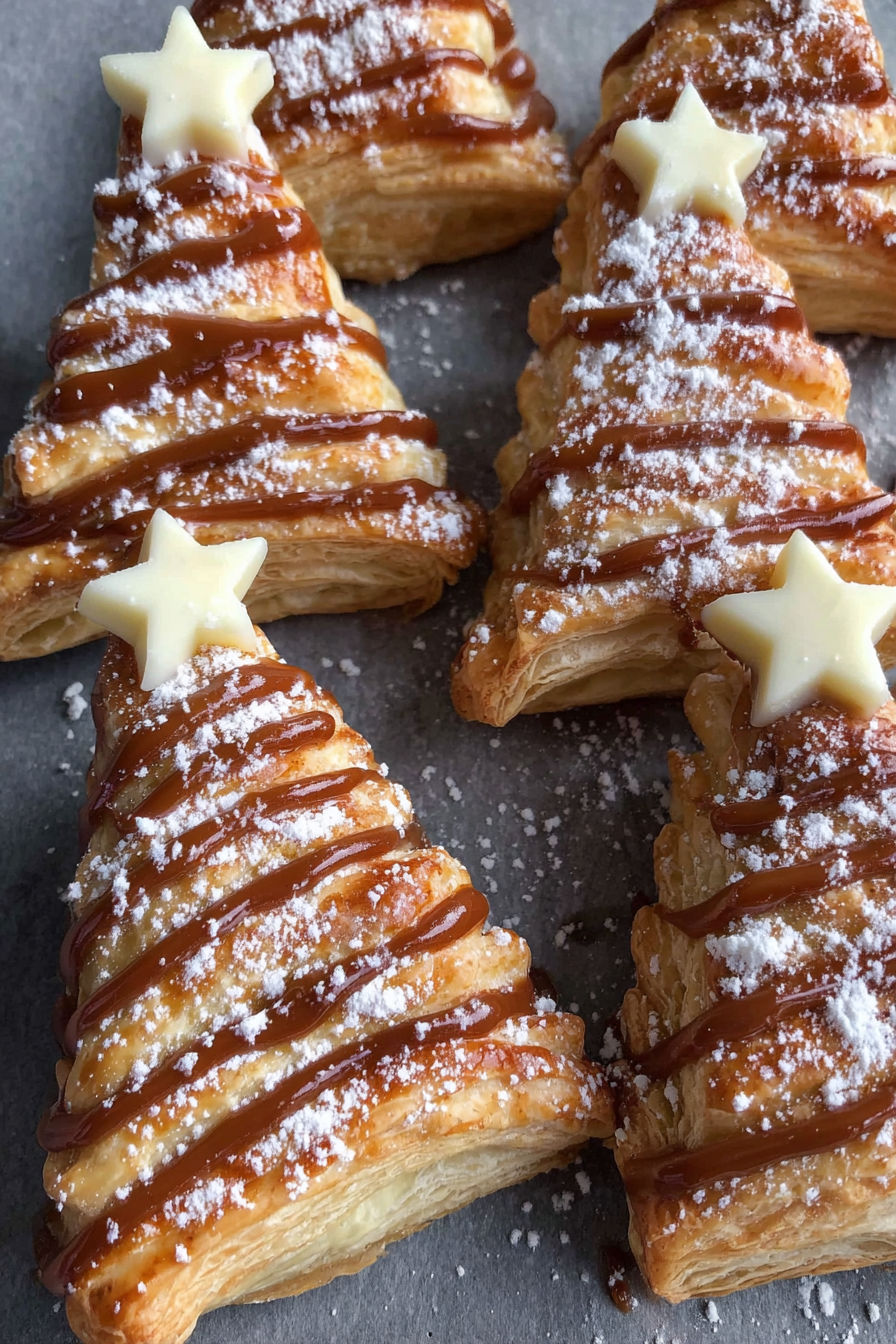 Puff pastry christmas trees with chocolate drizzle.