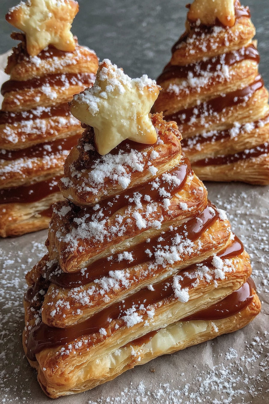 A stack of puff pastry trees with sugar and caramel drizzled on top.