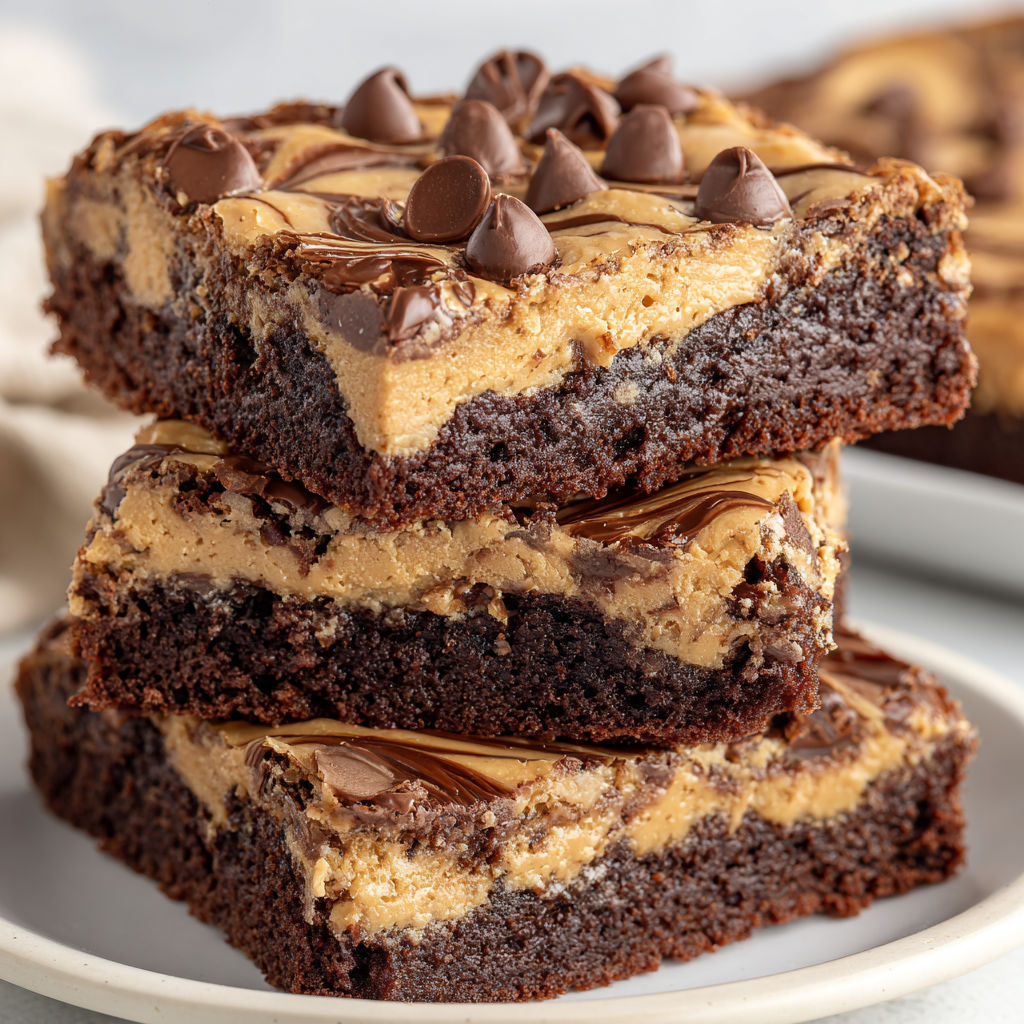 Three slices of peanut butter brownies.