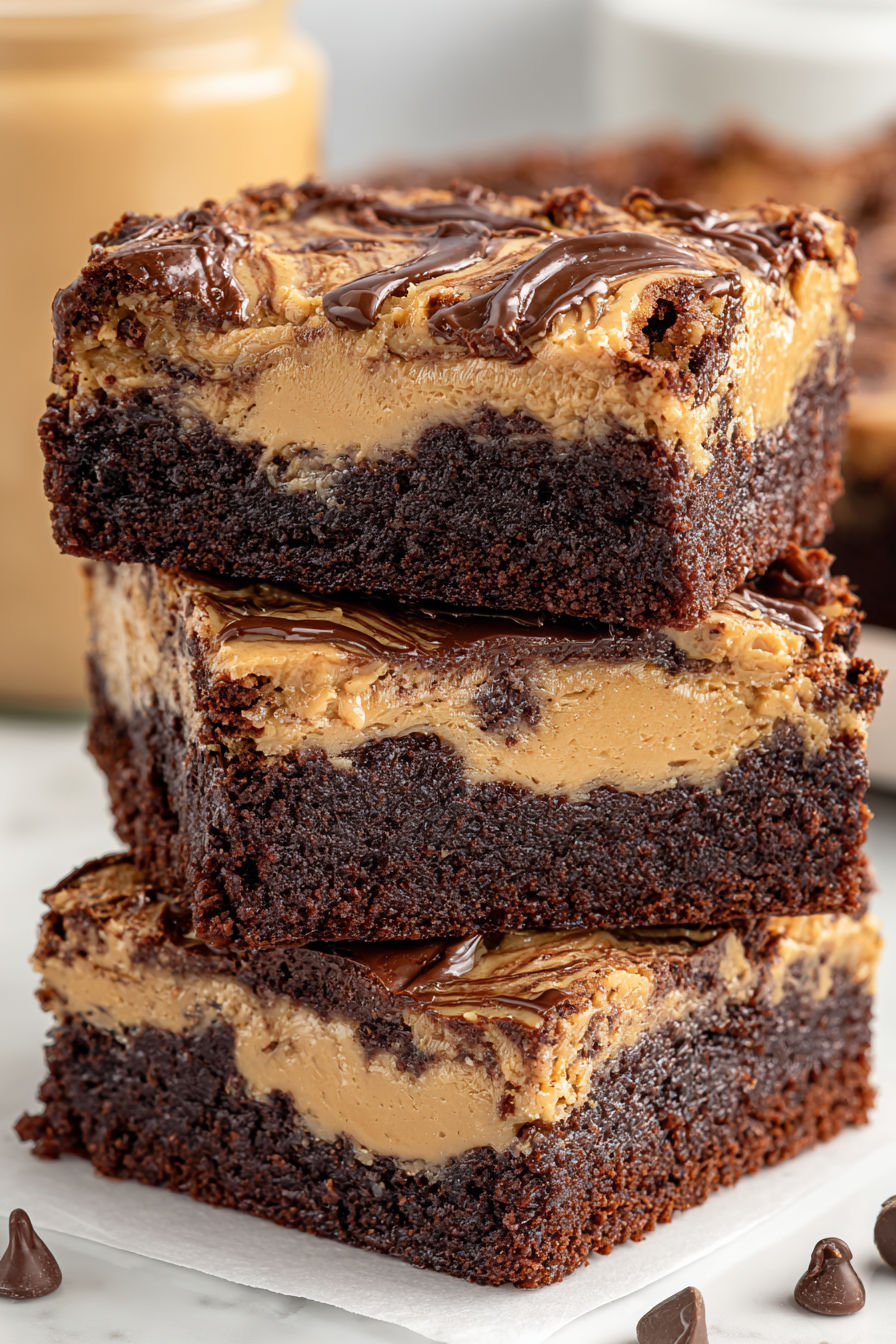 Three layers of peanut butter brownies.
