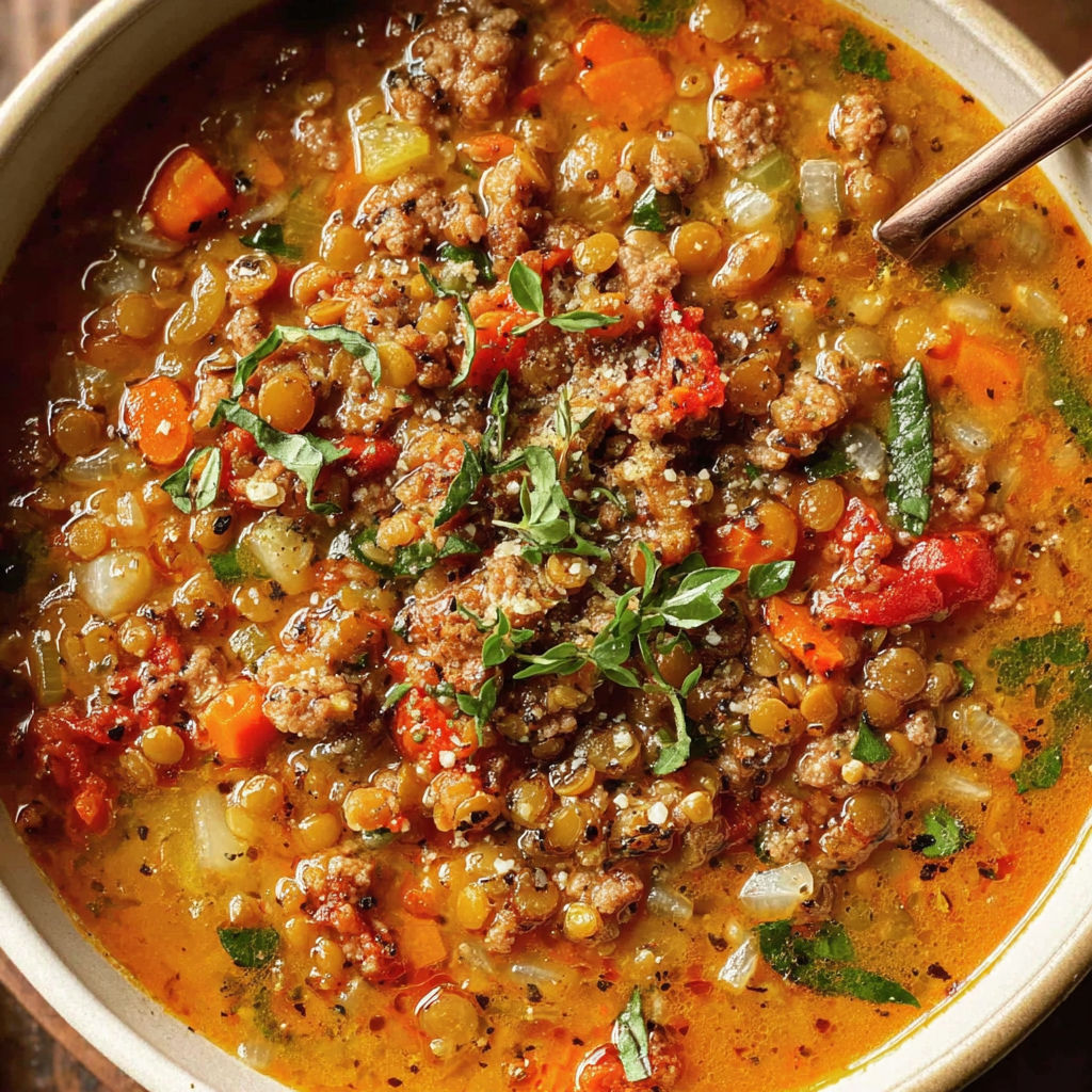A bowl of soup with sausage and lentils.