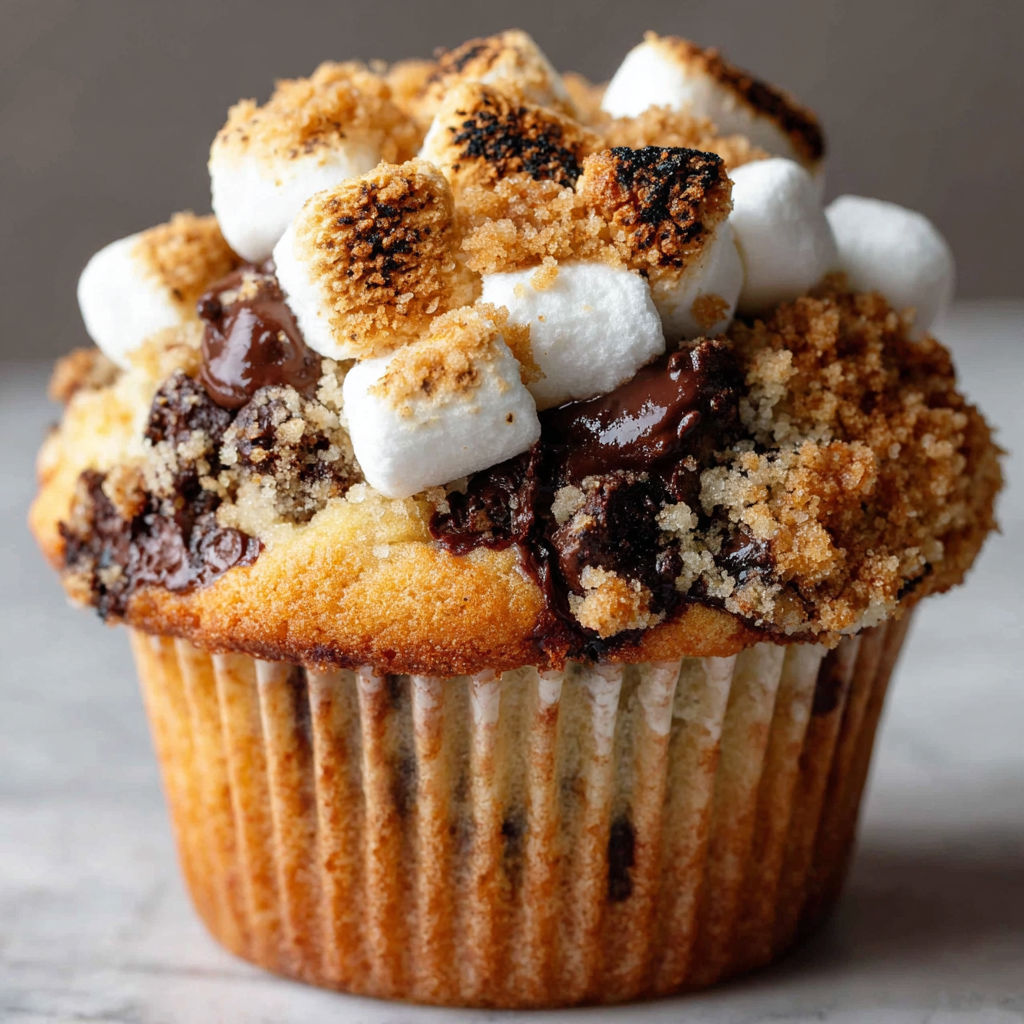 A cupcake with marshmallows and chocolate chips.