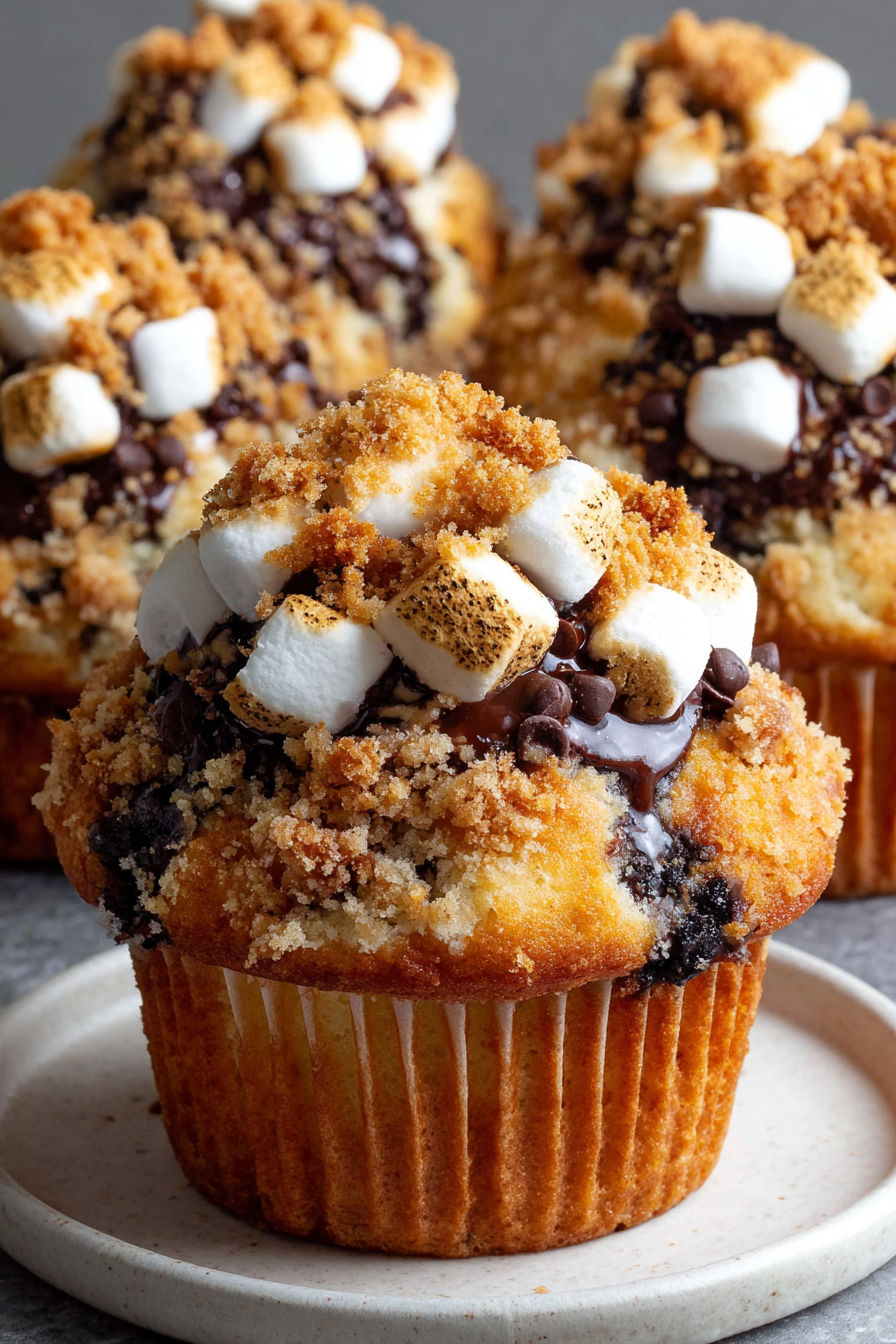 A muffin with marshmallows and chocolate chips.