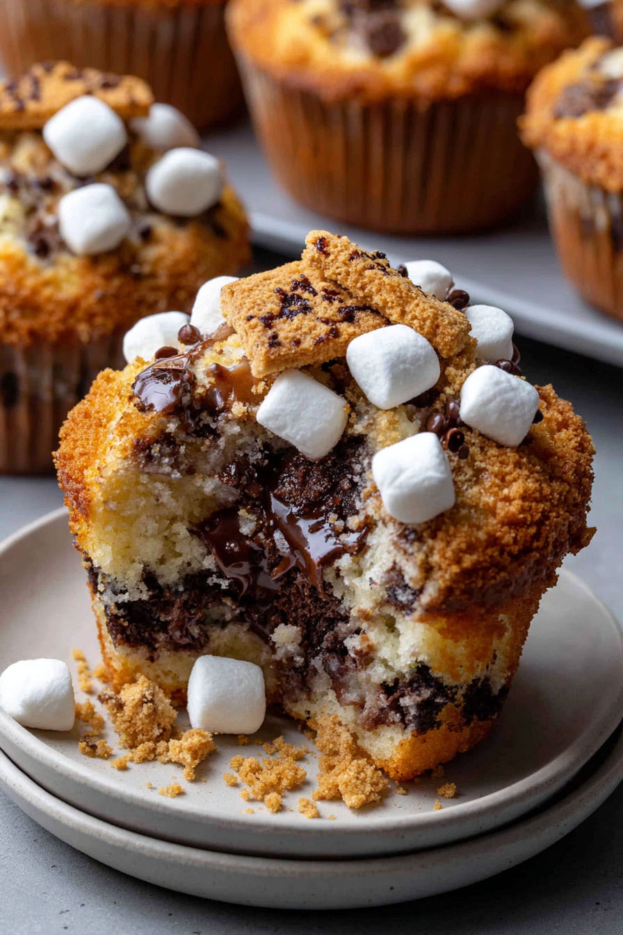 A muffin with chocolate chips and marshmallows on top.