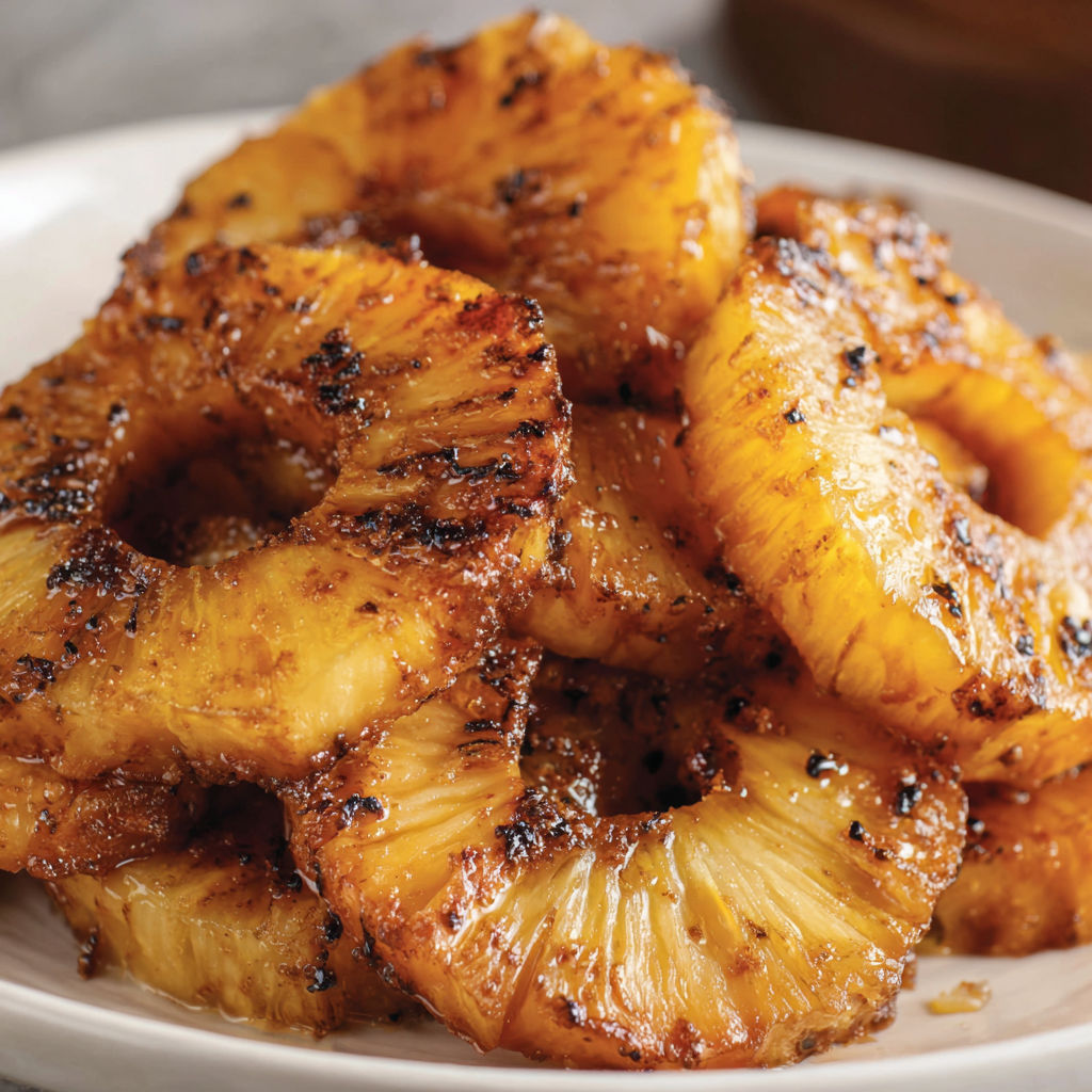 A plate of pineapple chunks cooked in an air fryer.