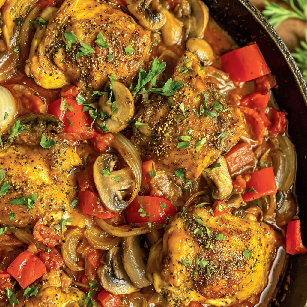 Chicken Cacciatore with mushrooms and red peppers.