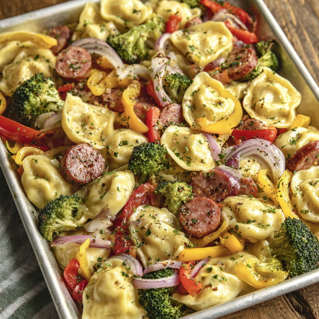 A pan of food with pasta, broccoli, peppers, and sausage.