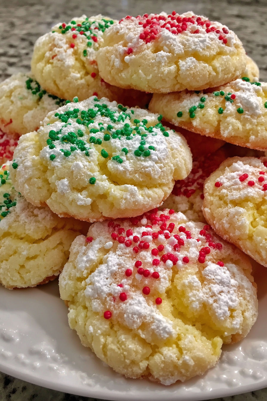 A stack of Christmas cookies with white icing and red sprinkles.