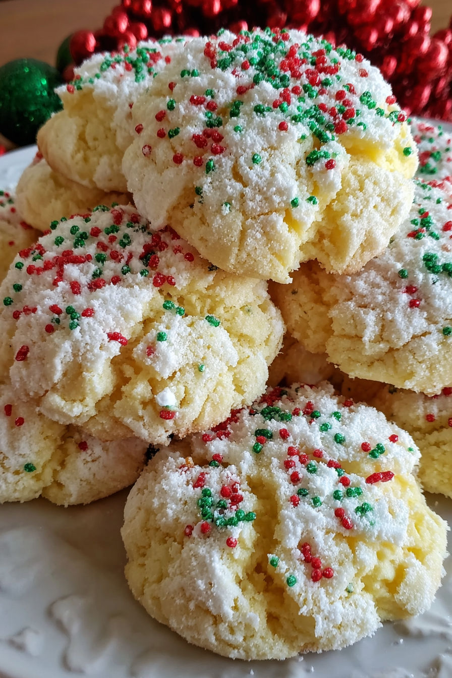 A stack of Christmas cookies with sprinkles.