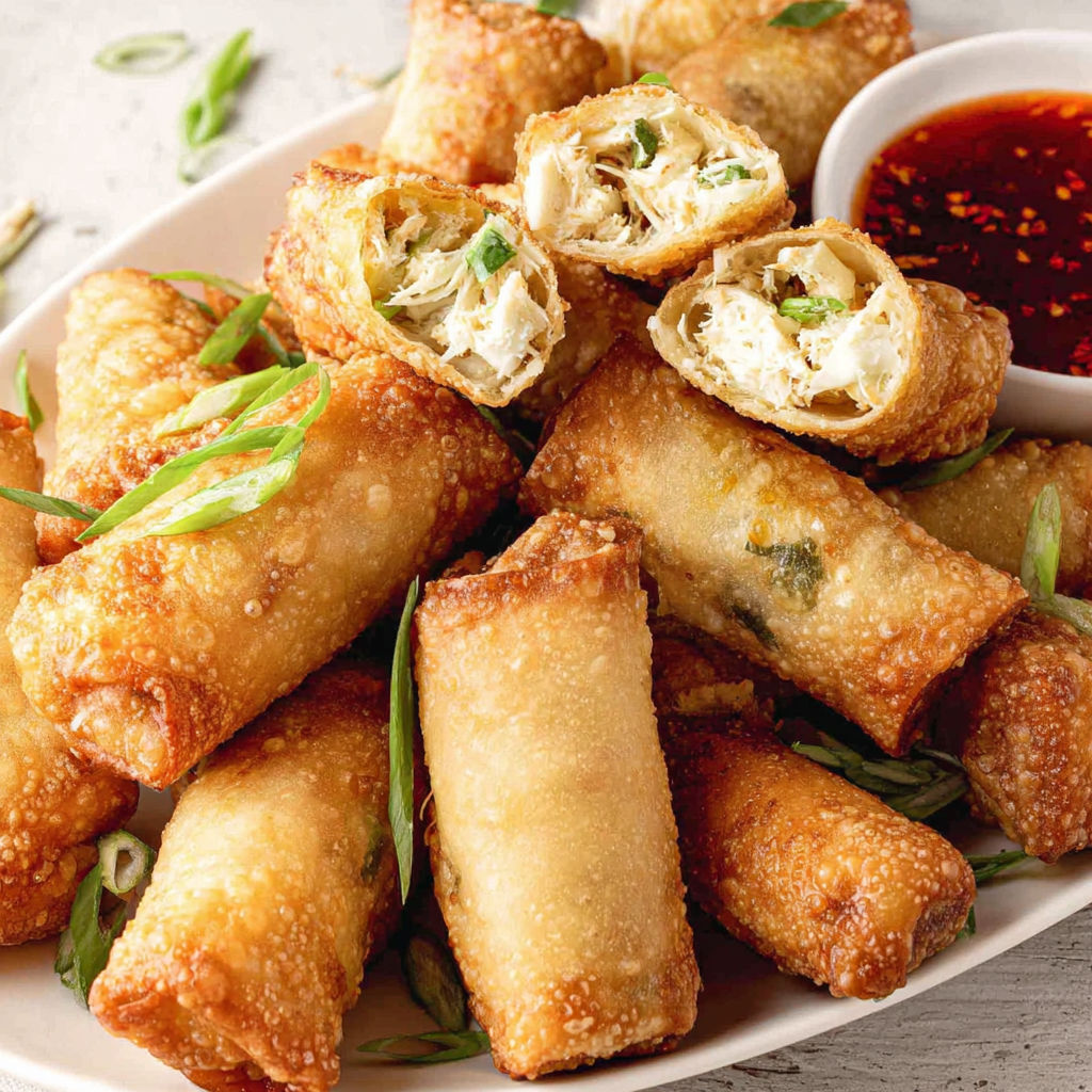 A plate of crab rangoon egg rolls.